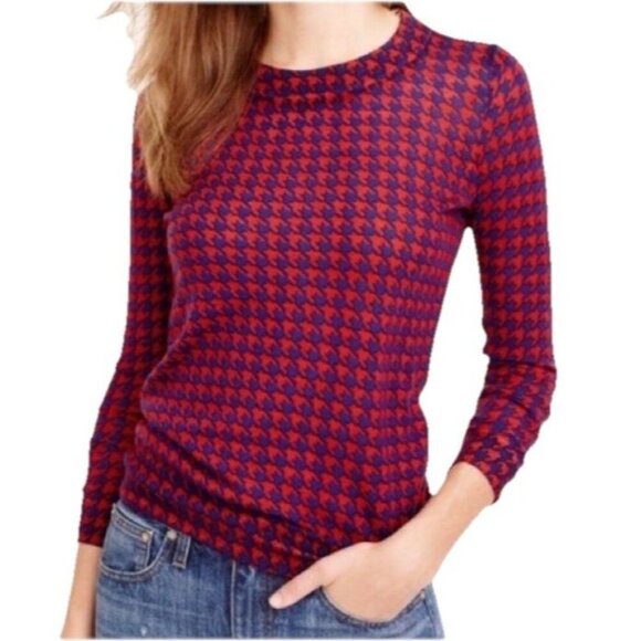 J. Crew Womens Sweater Size M Tippi Red Blue Houndstooth 100% Merino Wool Top - Picture 1 of 11